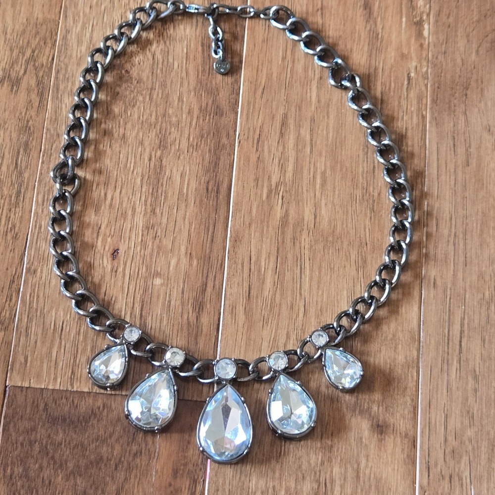 LOFT Gunmetal Tone Clear Crystal Teardrop Statement Necklace Curb Chain Bib Twee